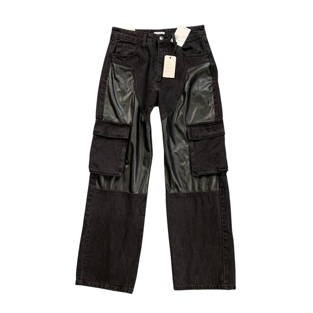 Forever 21 Pants Womens 28 Mixed Media Cargo Faux Leather Paneled Wide Straight
